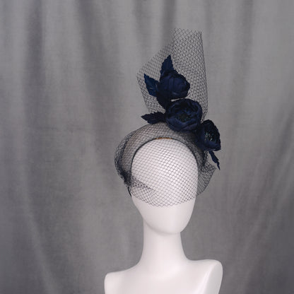 Grey and Navy Blue Bandeau Headband Fascinator with Feather Flowers and Net Veil
