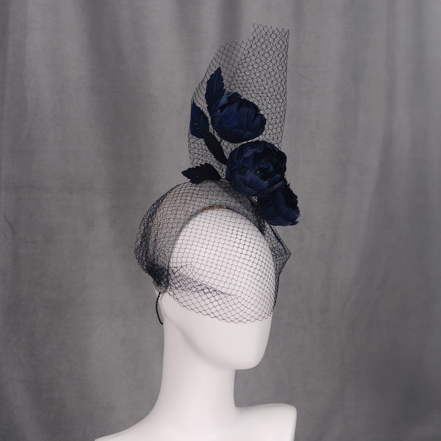 Grey and Navy Blue Bandeau Headband Fascinator with Feather Flowers and Net Veil