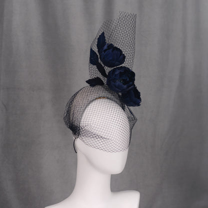 Grey and Navy Blue Bandeau Headband Fascinator with Feather Flowers and Net Veil