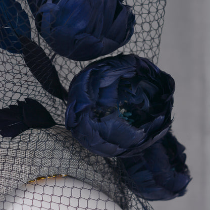 Grey and Navy Blue Bandeau Headband Fascinator with Feather Flowers and Net Veil