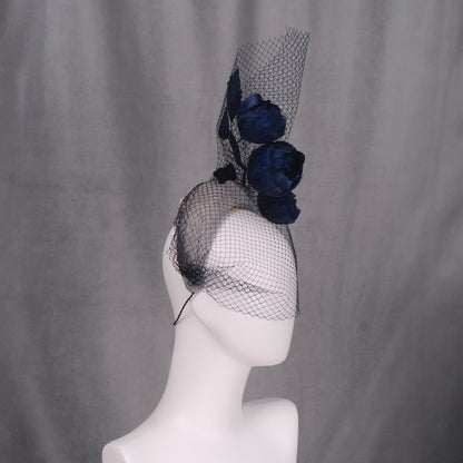 Grey and Navy Blue Bandeau Headband Fascinator with Feather Flowers and Net Veil