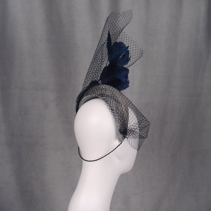 Grey and Navy Blue Bandeau Headband Fascinator with Feather Flowers and Net Veil