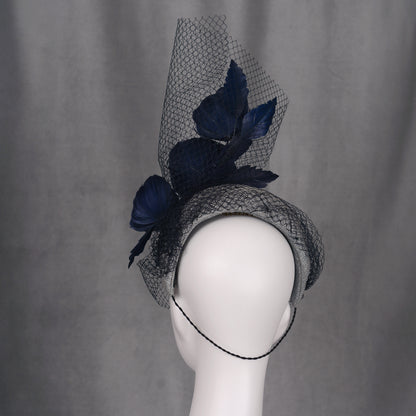 Grey and Navy Blue Bandeau Headband Fascinator with Feather Flowers and Net Veil