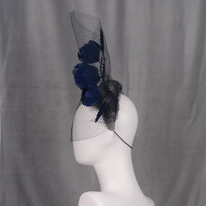 Grey and Navy Blue Bandeau Headband Fascinator with Feather Flowers and Net Veil