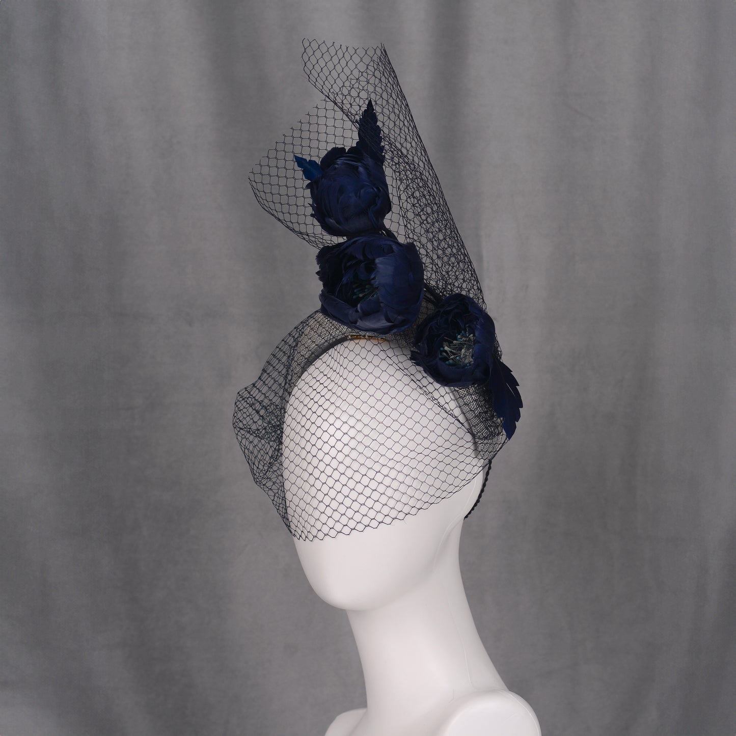 Grey and Navy Blue Bandeau Headband Fascinator with Feather Flowers and Net Veil