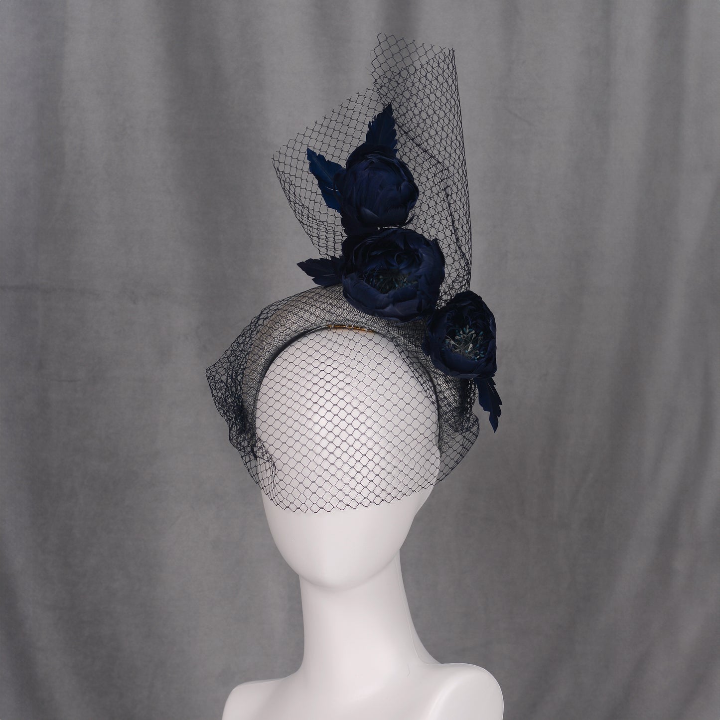 Grey and Navy Blue Bandeau Headband Fascinator with Feather Flowers and Net Veil