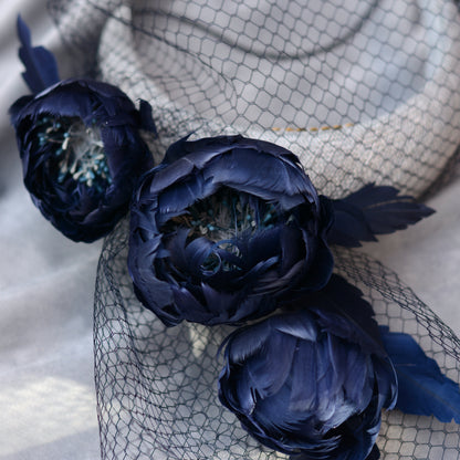 Grey and Navy Blue Bandeau Headband Fascinator with Feather Flowers and Net Veil