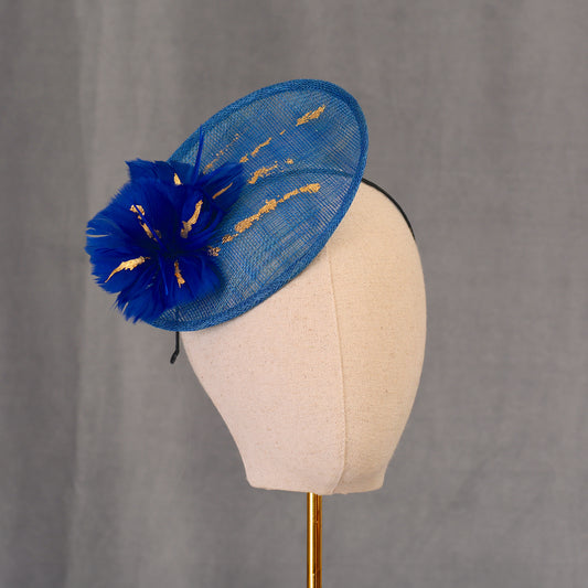 Cobalt Blue Side Perching Disc Fascinator with Gold Leafing