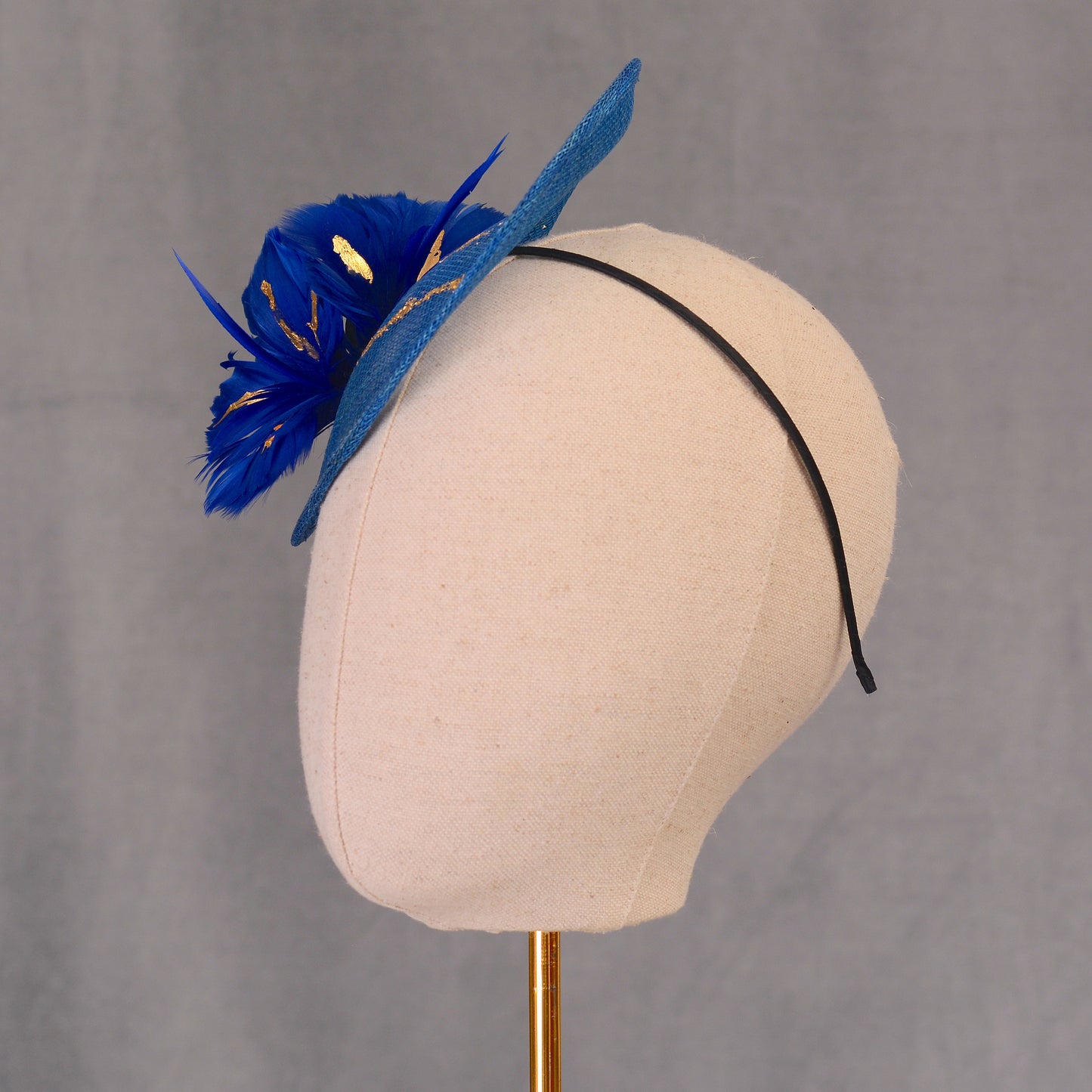 Cobalt Blue Side Perching Disc Fascinator with Gold Leafing