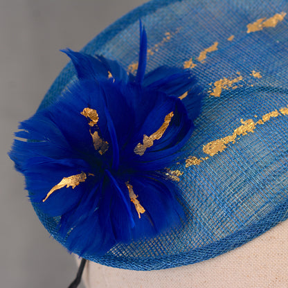 Cobalt Blue Side Perching Disc Fascinator with Gold Leafing