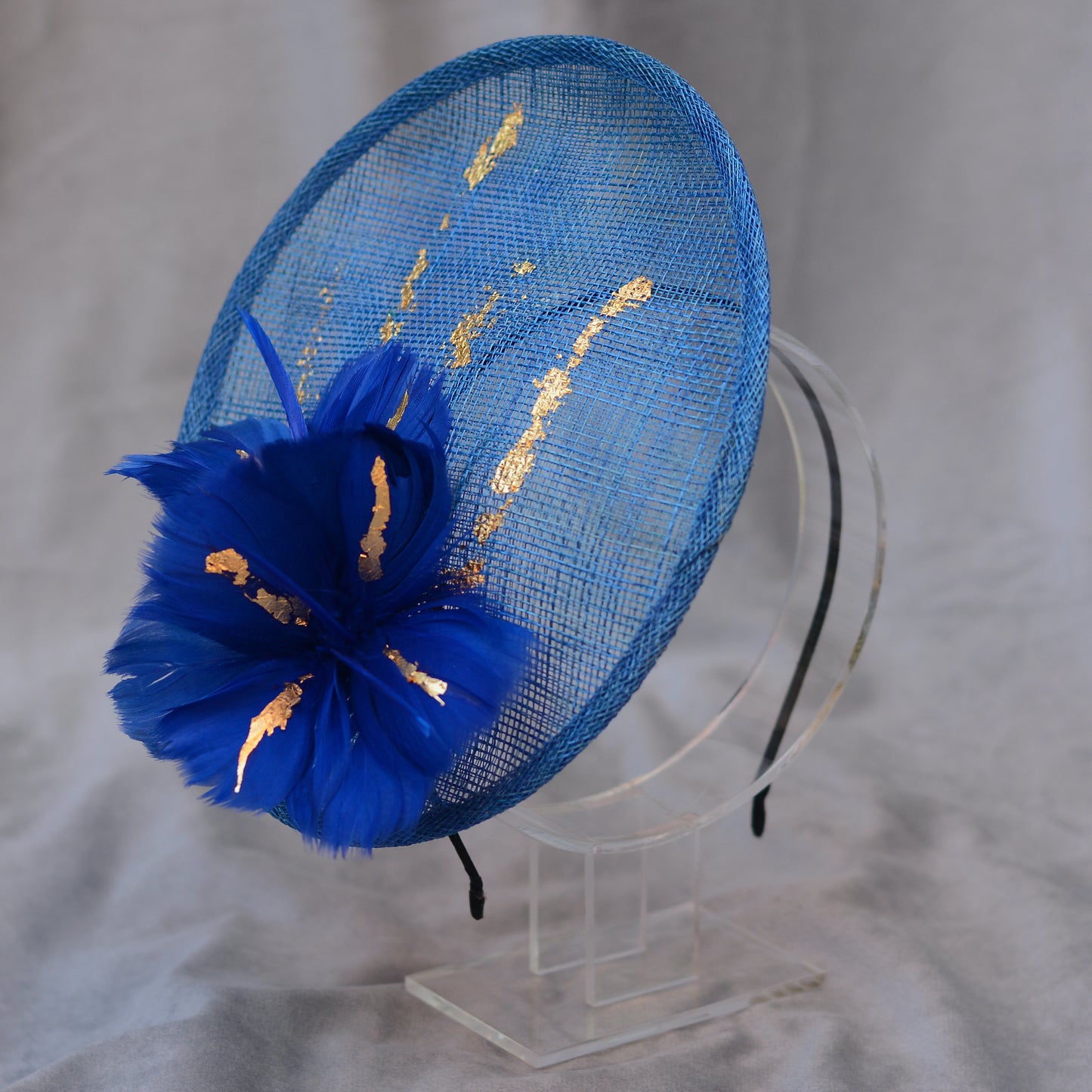 Cobalt Blue Side Perching Disc Fascinator with Gold Leafing