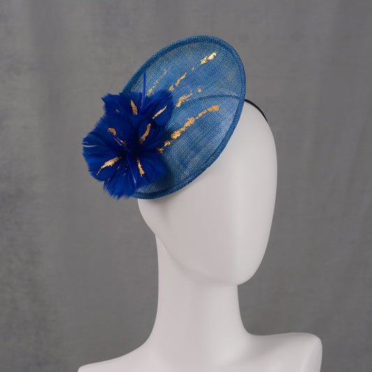 Cobalt Blue Side Perching Disc Fascinator with Gold Leafing