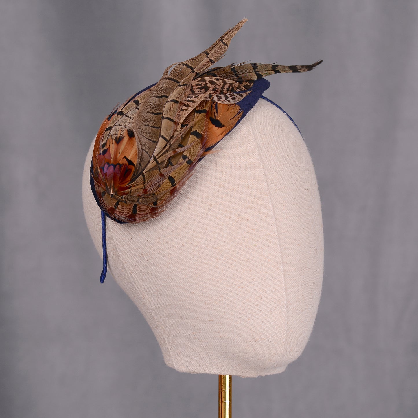 Face Hugger Feather Fascinator in Navy Blue Velvet and Copper Pheasant Feathers