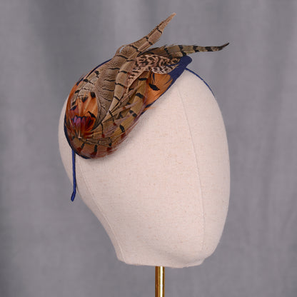 Face Hugger Feather Fascinator in Navy Blue Velvet and Copper Pheasant Feathers