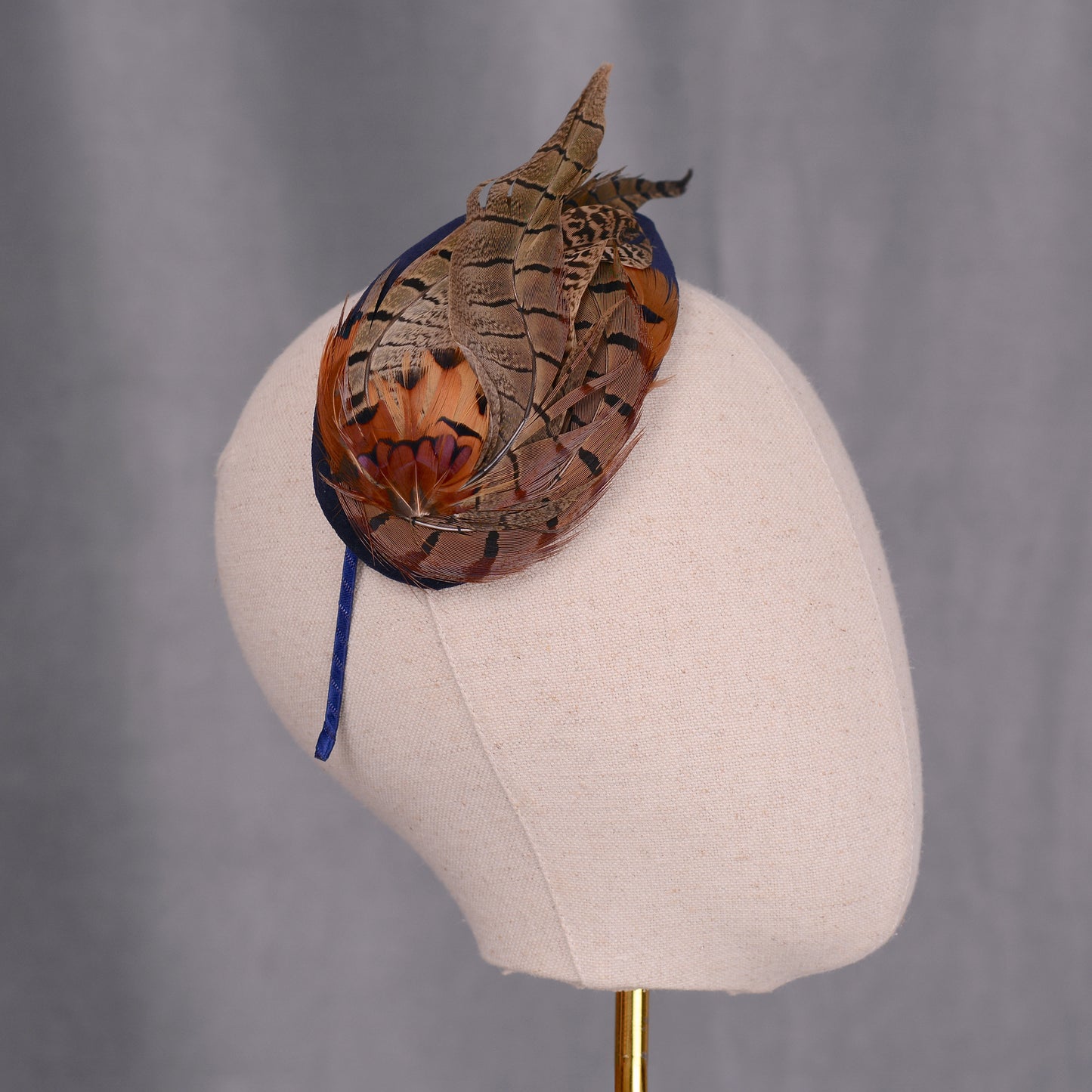 Face Hugger Feather Fascinator in Navy Blue Velvet and Copper Pheasant Feathers