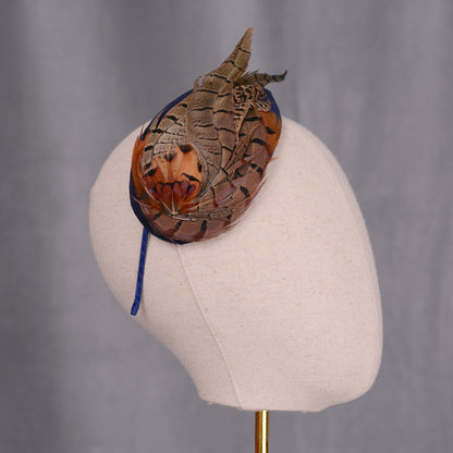 Face Hugger Feather Fascinator in Navy Blue Velvet and Copper Pheasant Feathers