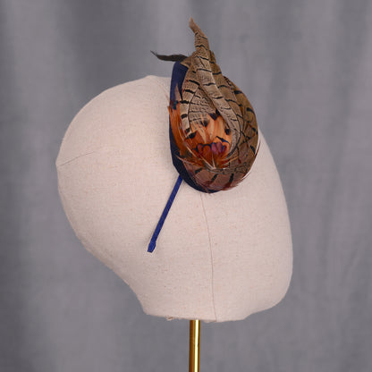Face Hugger Feather Fascinator in Navy Blue Velvet and Copper Pheasant Feathers