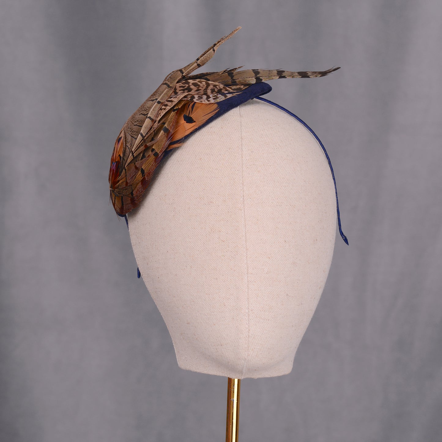 Face Hugger Feather Fascinator in Navy Blue Velvet and Copper Pheasant Feathers