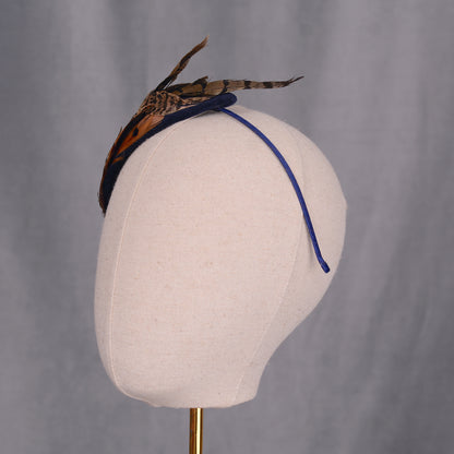 Face Hugger Feather Fascinator in Navy Blue Velvet and Copper Pheasant Feathers