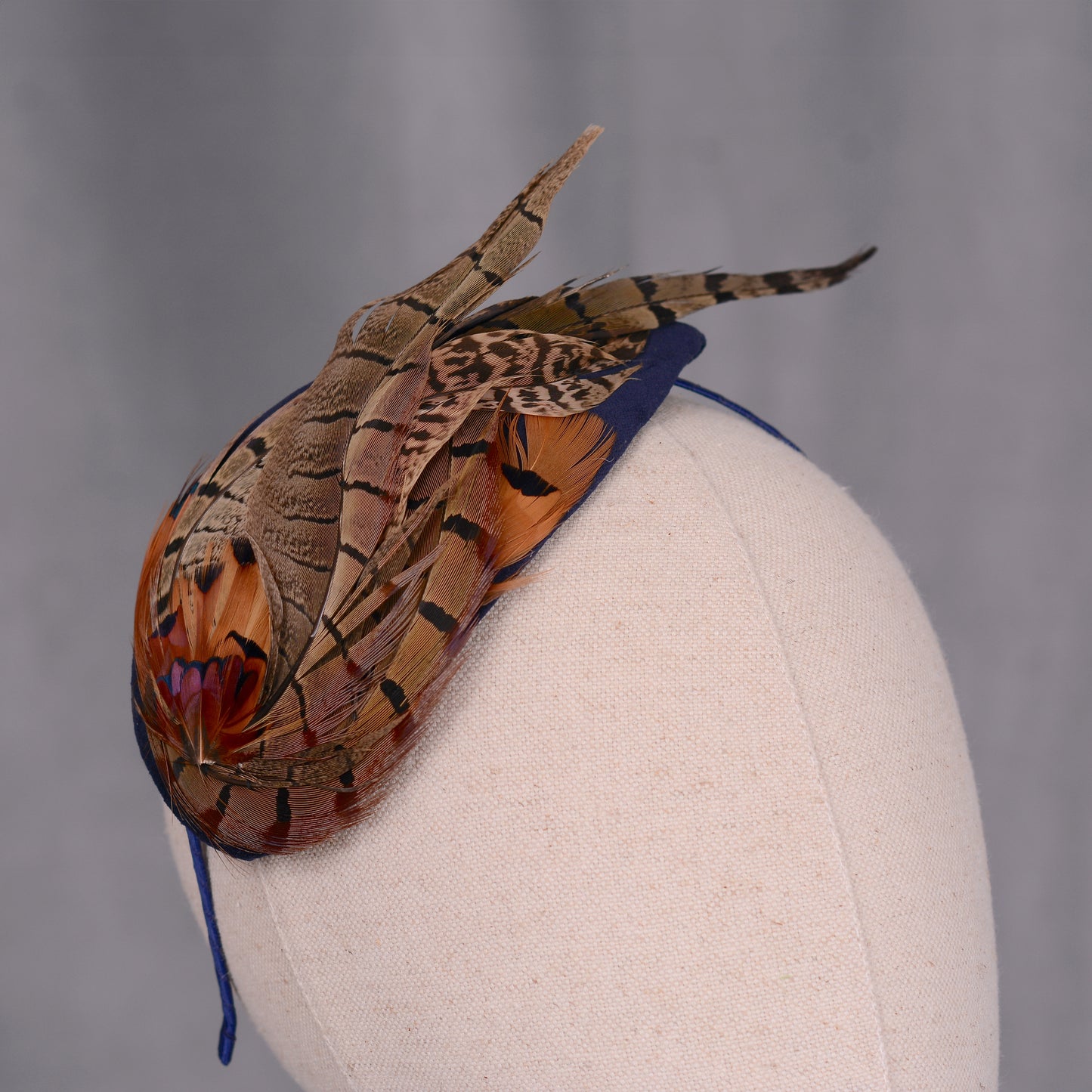 Face Hugger Feather Fascinator in Navy Blue Velvet and Copper Pheasant Feathers