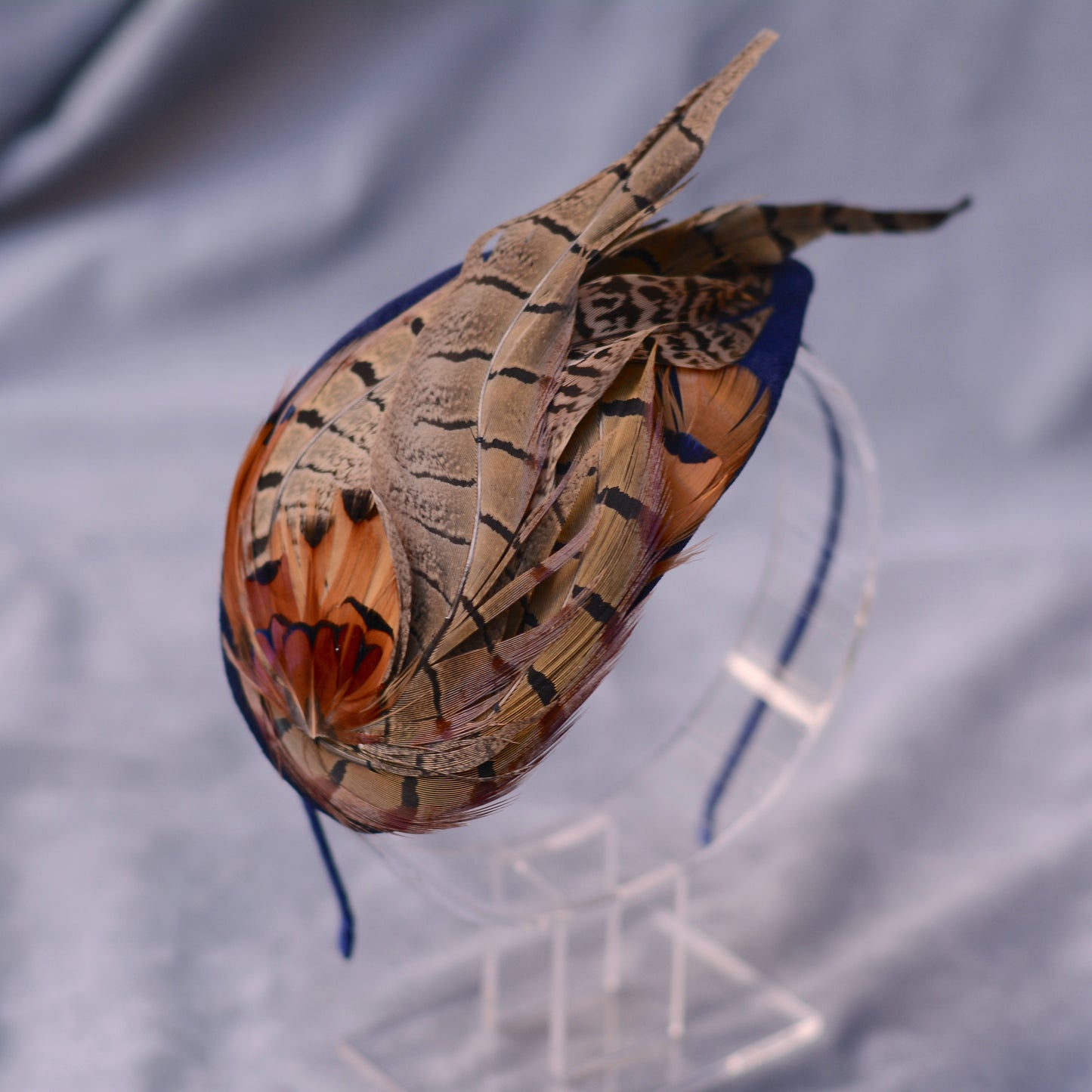 Face Hugger Feather Fascinator in Navy Blue Velvet and Copper Pheasant Feathers