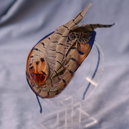 Face Hugger Feather Fascinator in Navy Blue Velvet and Copper Pheasant Feathers