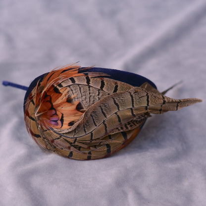 Face Hugger Feather Fascinator in Navy Blue Velvet and Copper Pheasant Feathers