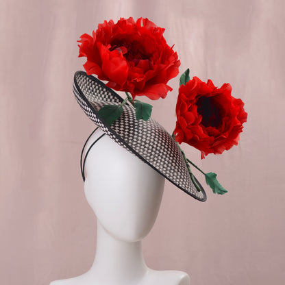 Giant Red Feather Rose Saucer Hat on Black and White