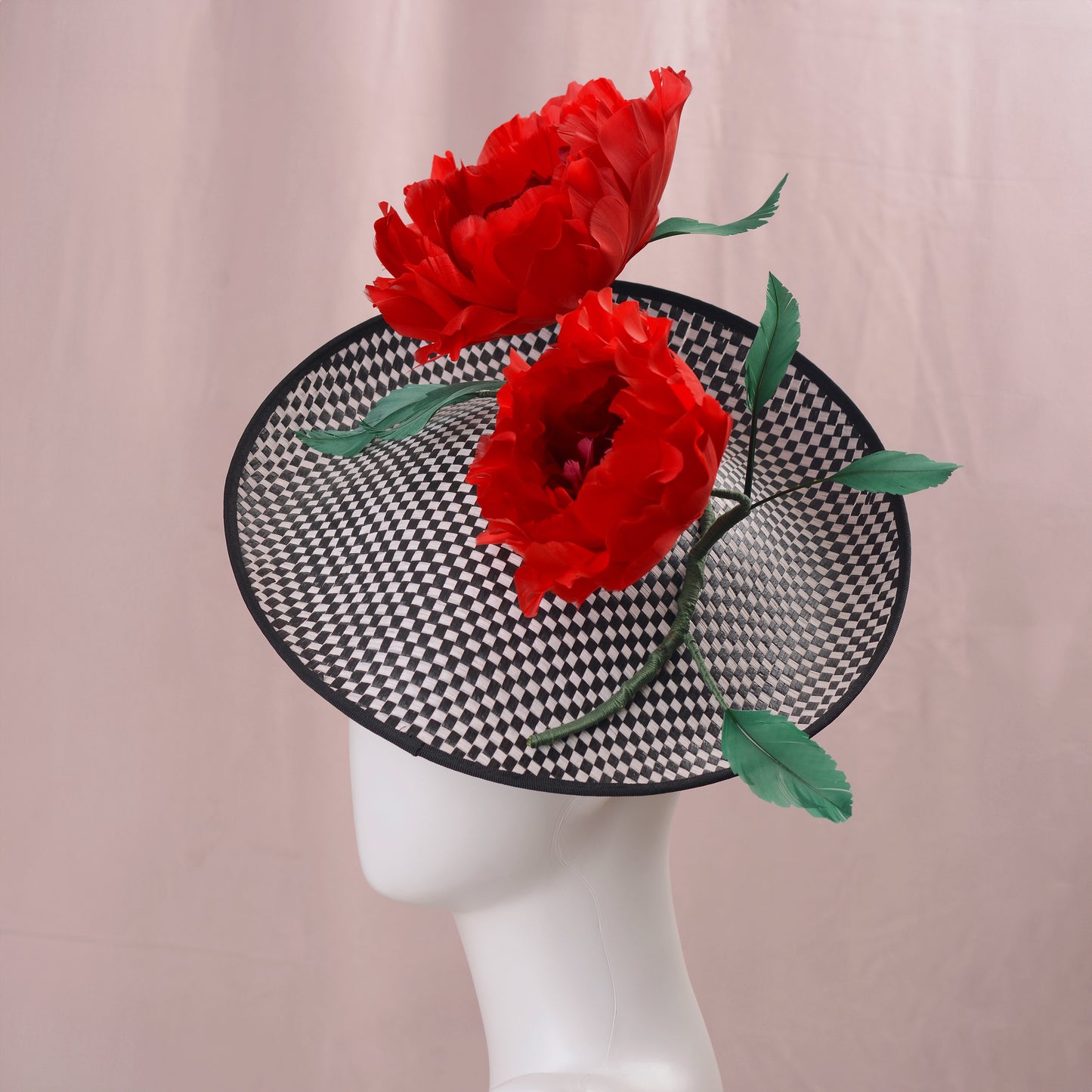 Giant Red Feather Rose Saucer Hat on Black and White
