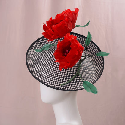 Giant Red Feather Rose Saucer Hat on Black and White