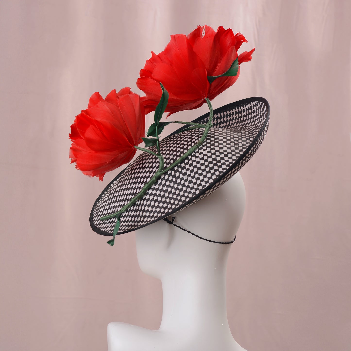 Giant Red Feather Rose Saucer Hat on Black and White