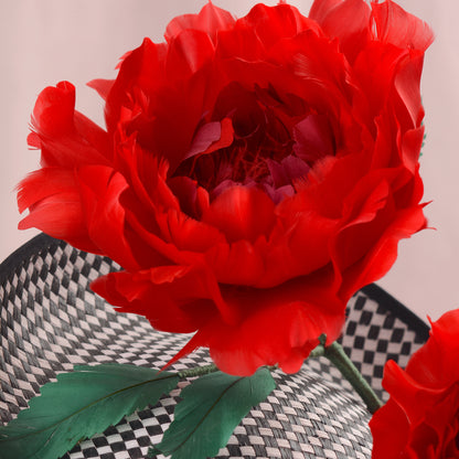 Giant Red Feather Rose Saucer Hat on Black and White