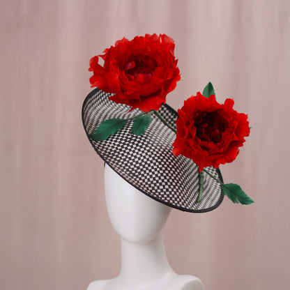 Giant Red Feather Rose Saucer Hat on Black and White