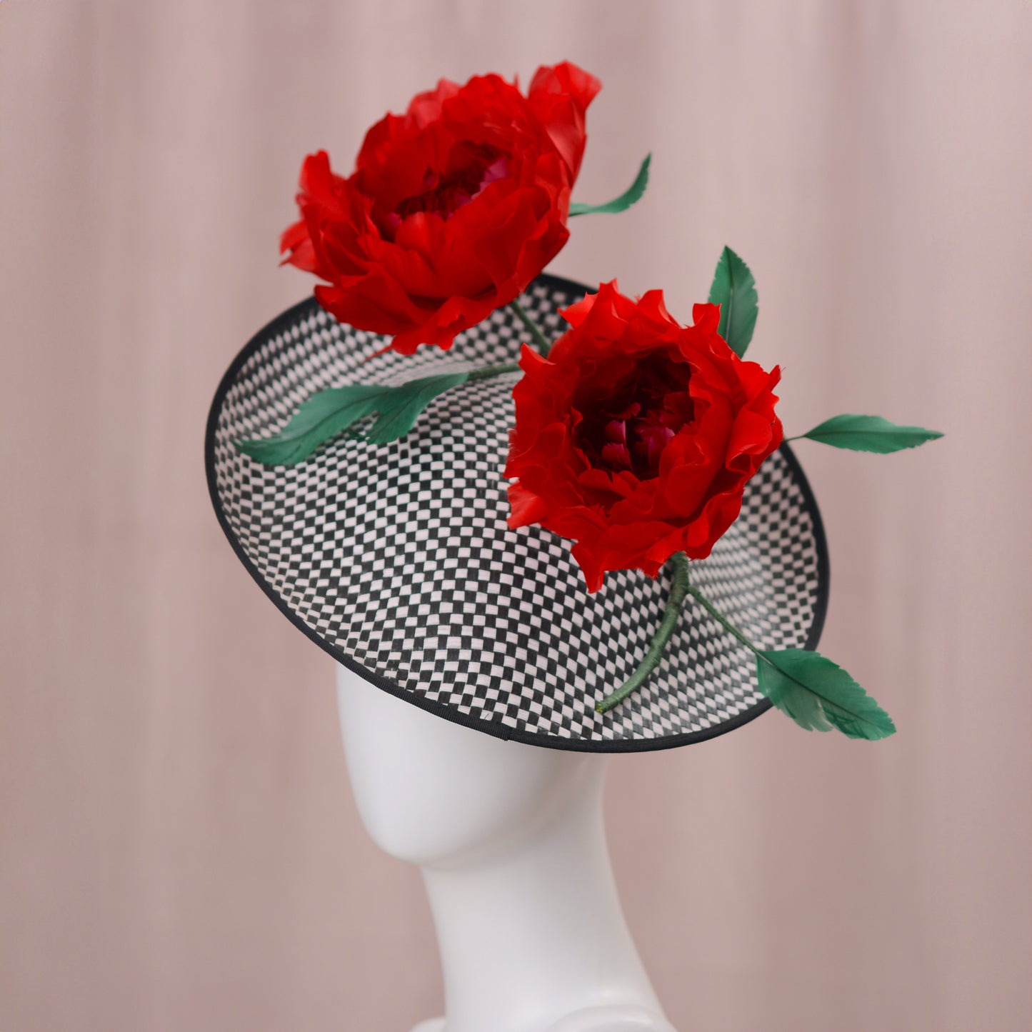 Giant Red Feather Rose Saucer Hat on Black and White