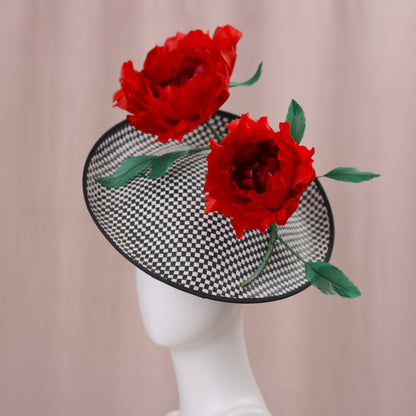 Giant Red Feather Rose Saucer Hat on Black and White
