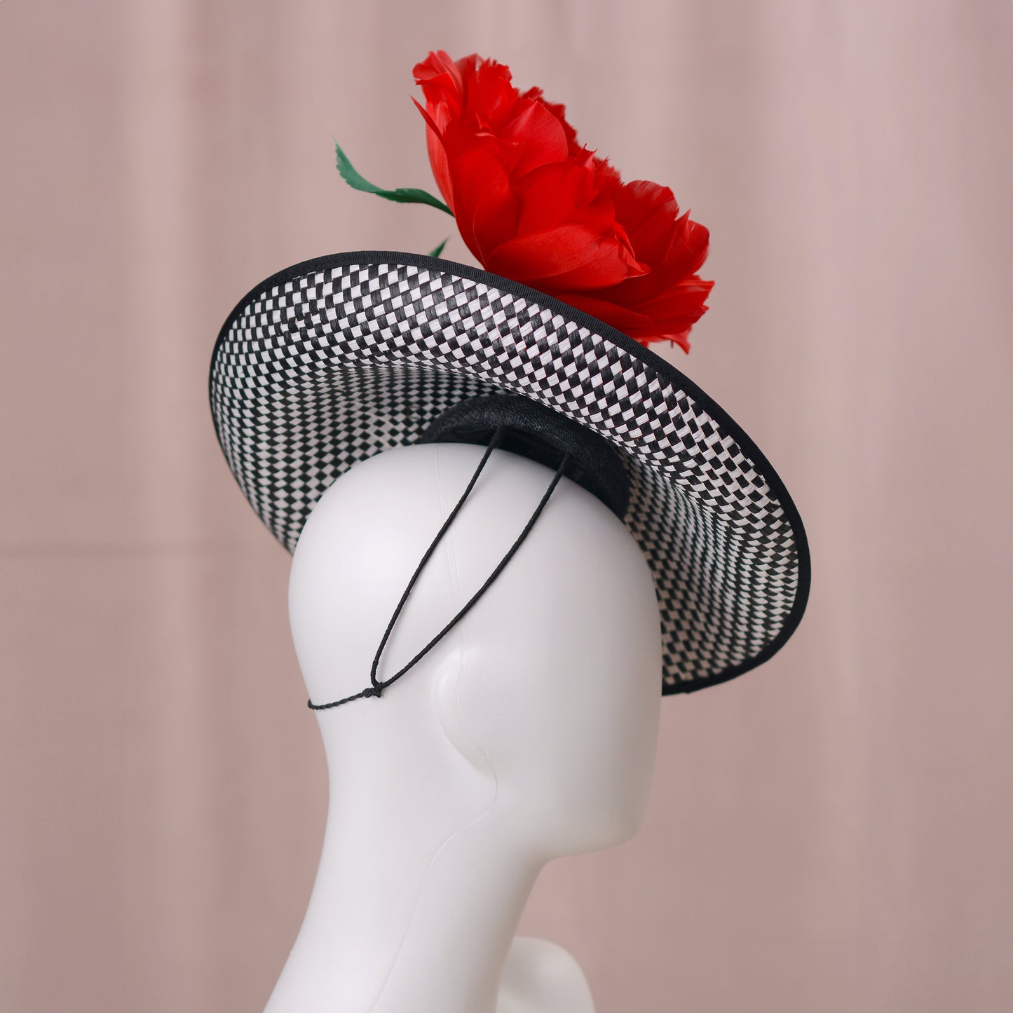 Giant Red Feather Rose Saucer Hat on Black and White