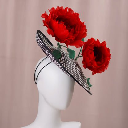 Giant Red Feather Rose Saucer Hat on Black and White