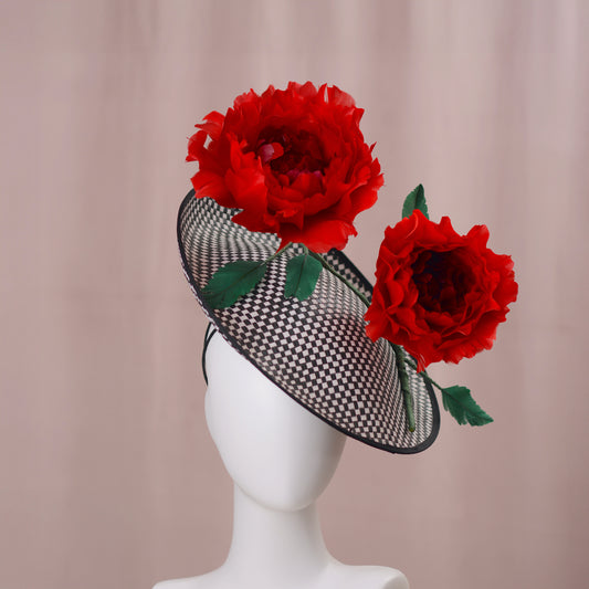Giant Red Feather Rose Saucer Hat on Black and White