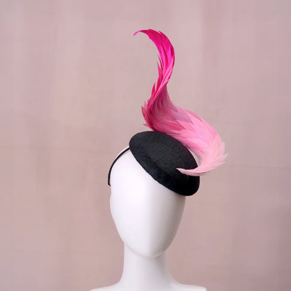 Black and Ombre Pink Perching Beret Hat with Feather Swirl
