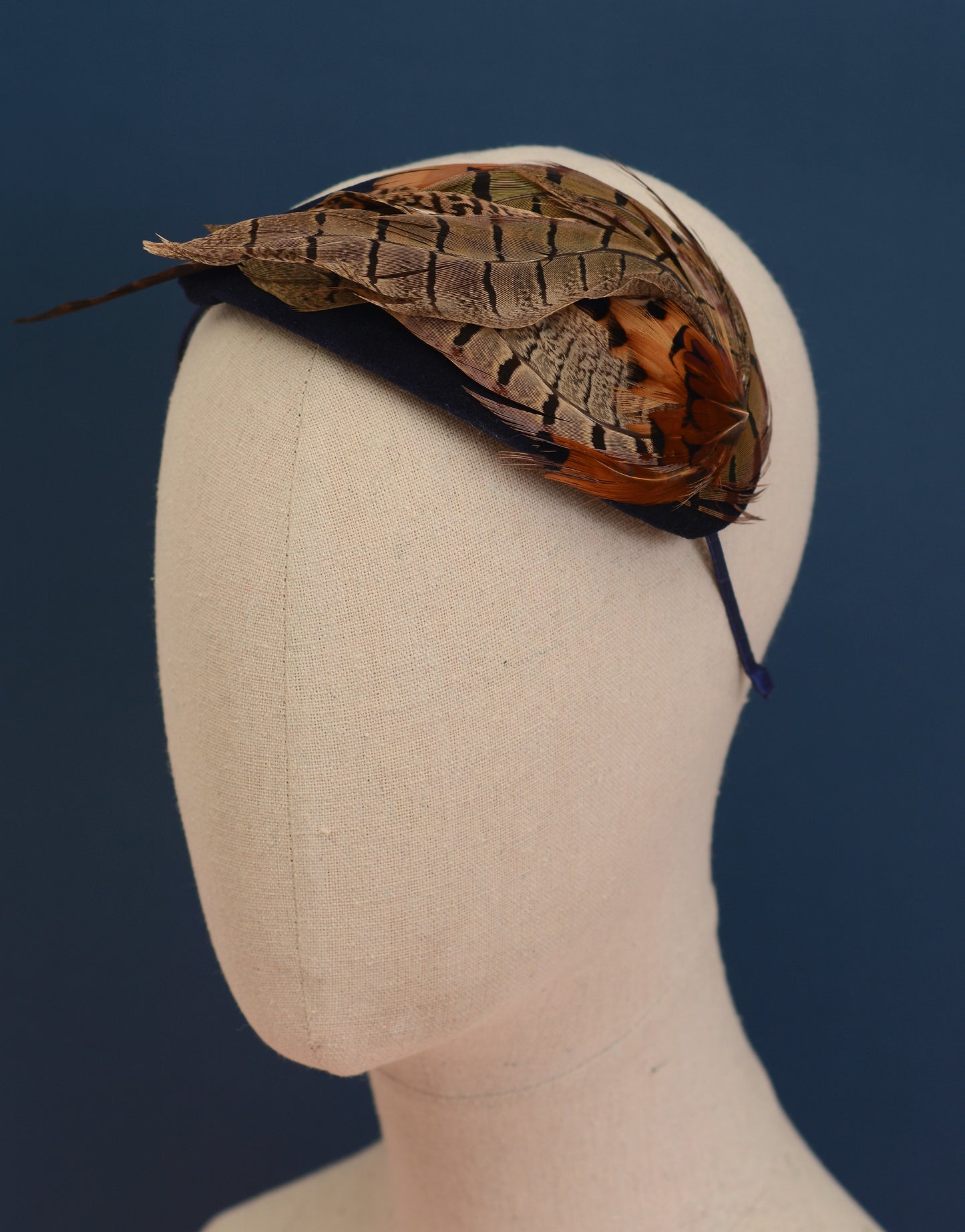Face Hugger Feather Fascinator in Navy Blue Velvet and Copper Pheasant Feathers