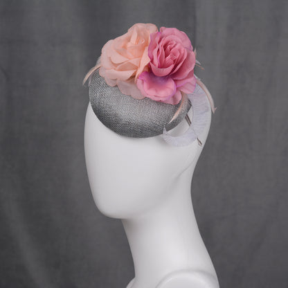 Grey and Pink Button Fascinator with Flowers and Feathers