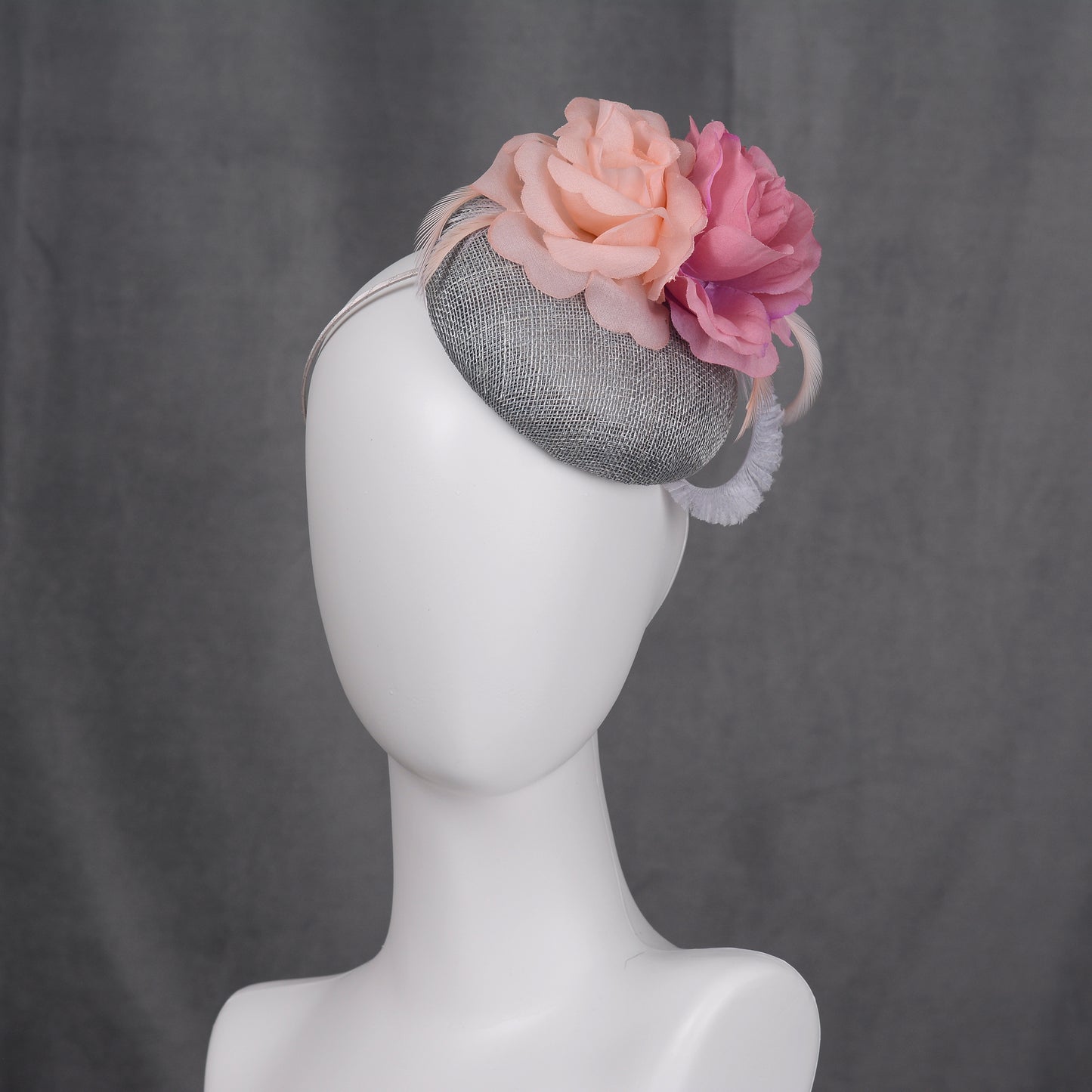 Grey and Pink Button Fascinator with Flowers and Feathers
