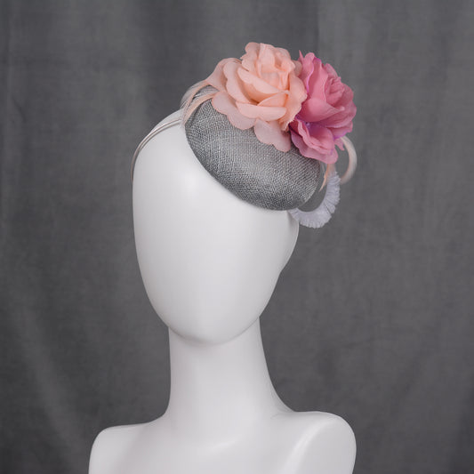 Grey and Pink Button Fascinator with Flowers and Feathers
