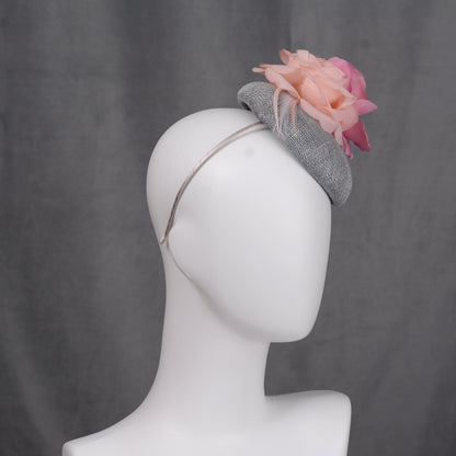 Grey and Pink Button Fascinator with Flowers and Feathers