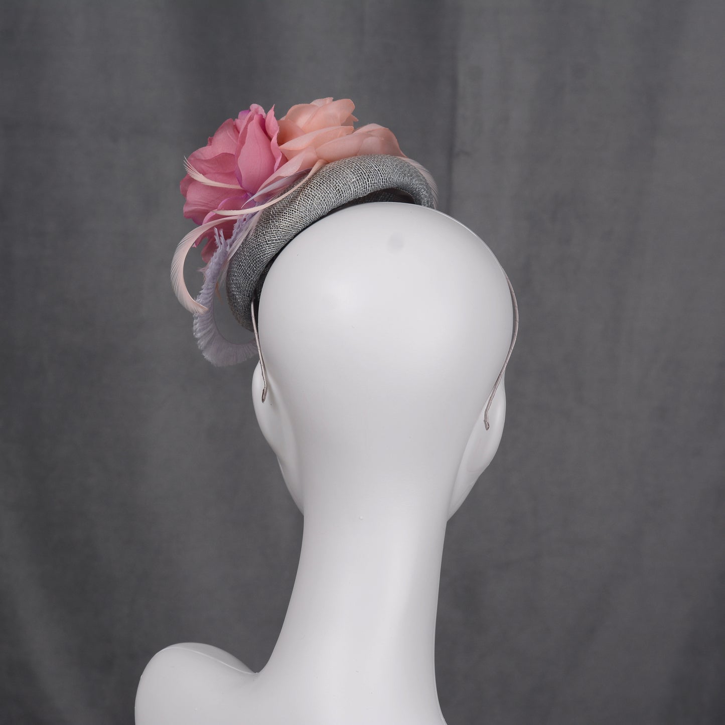 Grey and Pink Button Fascinator with Flowers and Feathers