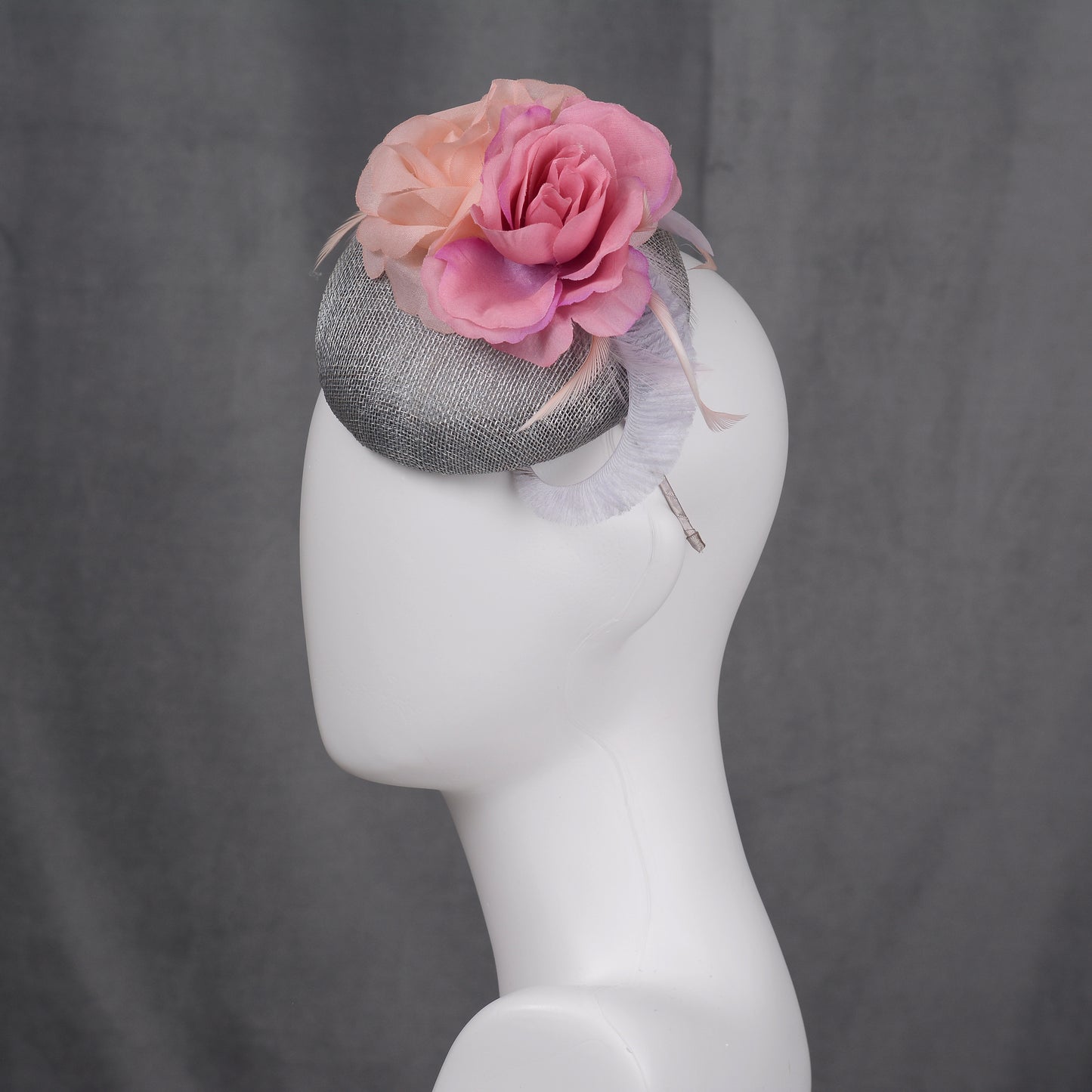 Grey and Pink Button Fascinator with Flowers and Feathers