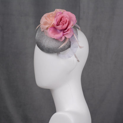Grey and Pink Button Fascinator with Flowers and Feathers