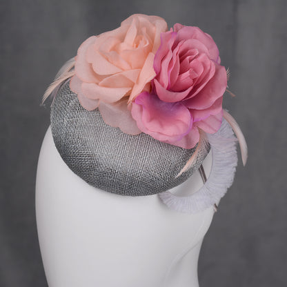 Grey and Pink Button Fascinator with Flowers and Feathers