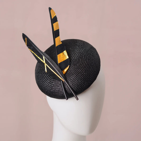 Black and Gold Perching Beret Hat with Feathers