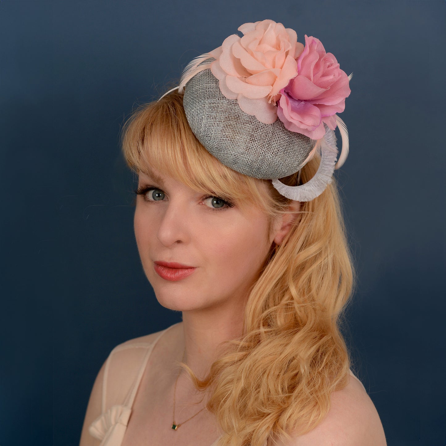 Grey and Pink Button Fascinator with Flowers and Feathers